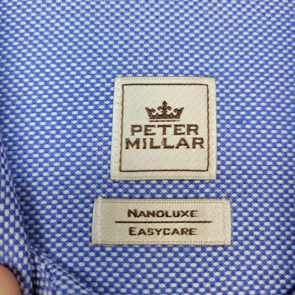 Peter Millar Button Down Shirt Mens S Blue Nanoluxe Easycare Micro Check Cotton